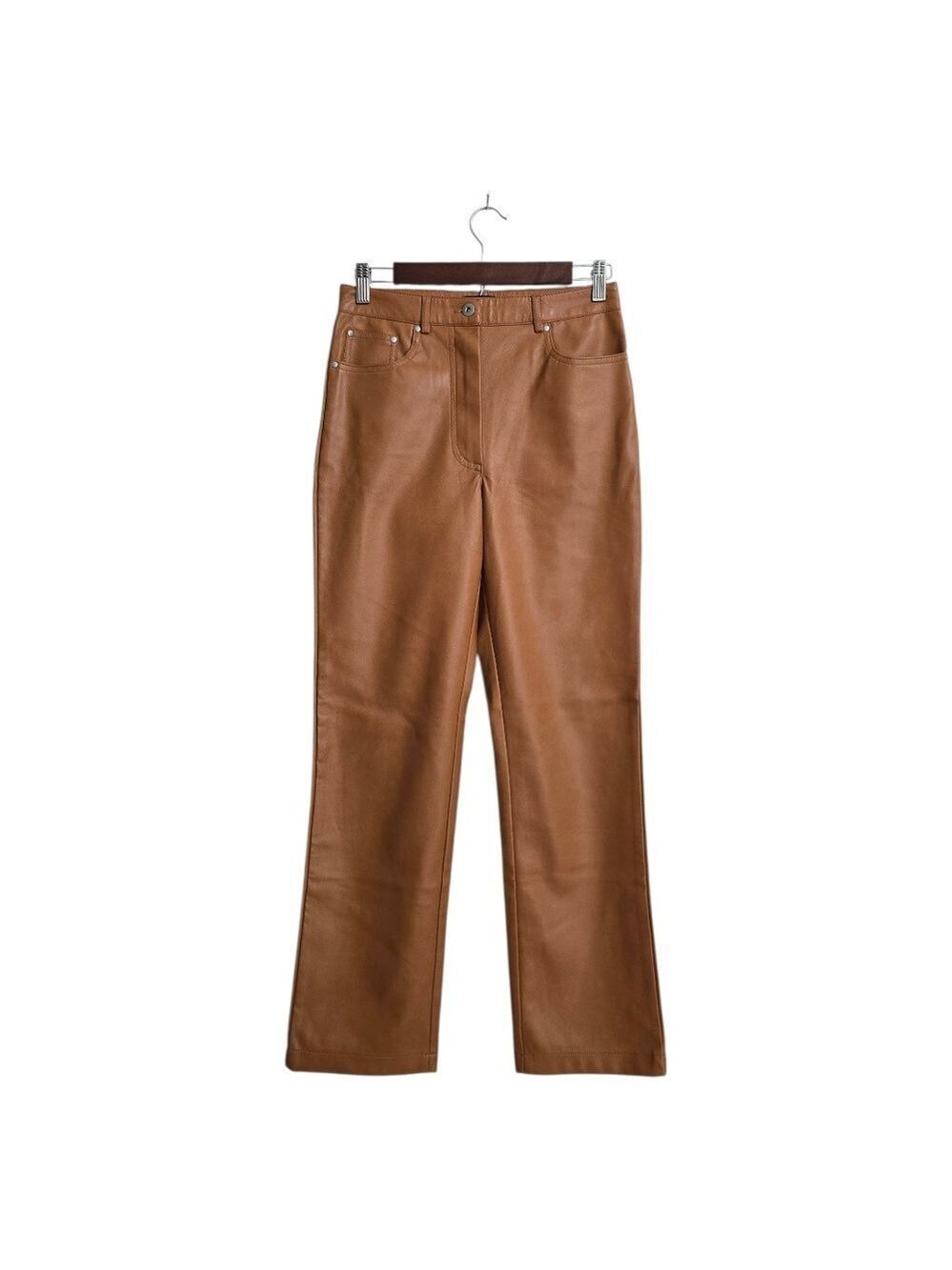 7 For All Mankind Faux Leather High Rise Straight Leg Ankle Pants In Cognac Sz S
